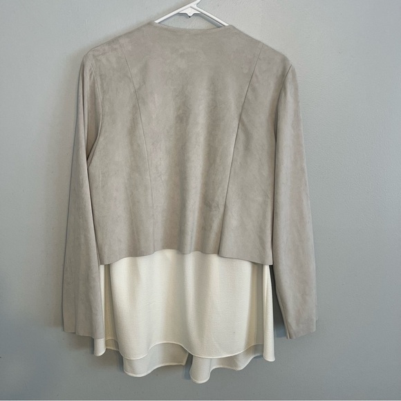 Chico's Open Front Faux Suede Jacket Jacket Sz L White Gray Layered Office - Picture 13 of 15